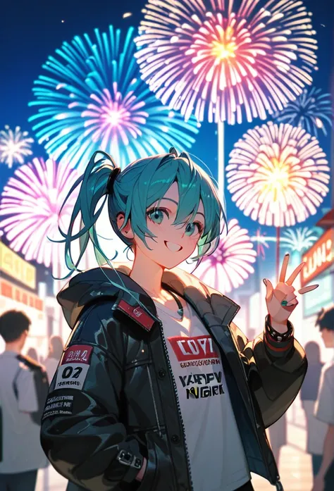 Score_9,Score_8_up,Score_7_up,highest quality anime,masterpiece,extremely detailed,depth of field,high-resolution,1 HatsuneMiku,punk girl,new year night.so happy,fireworks