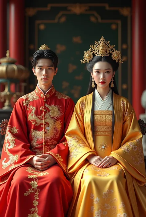 20 years old male , wearing a red phoenix dress , ancient,  Chinese ,  full body , sitting next to the queen wearing a golden dragon robe with a crown