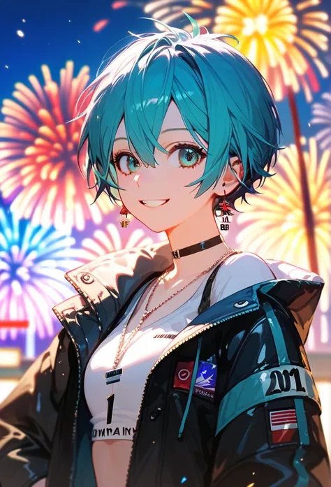 Score_9,Score_8_up,Score_7_up,highest quality anime,masterpiece,extremely detailed,depth of field,high-resolution,1 HatsuneMiku,punk girl,new year night.so happy,fireworks