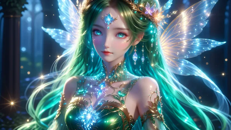 A Masterpiece In 32K Resolution, Supreme Quality, Super Detail, Official Art, Very High-Resolution 32K Wallpaper, Captivating Cinematic Lighting, Beautiful And Aesthetic, Ultra-Detailed Features, Awe-Inspiring Detail. A Stunning Fairy Girl With Flowing Eme...