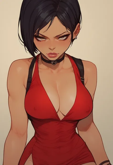 score_9, score_8_up, score_7_up, , BREAK 1girl, adadress, black hair, short hair, black eyes, red dress, short dress, sleeveless dress, cleavage, choker, side slit, slutty dress, skimpy, plunging neckline, nipple slip, rating_explicit, seductive, lusty
