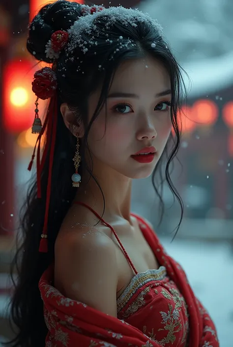 Beautiful oriental young woman solo pupils flickering long eyelashes closed mouth long hair striped wavy hair (Chinese bellyband: 1.27), viewer, (snow covered, night, bright ancient temple: 1.3), movie lighting, (ultra-realistic textile texture) ,,Award wi...