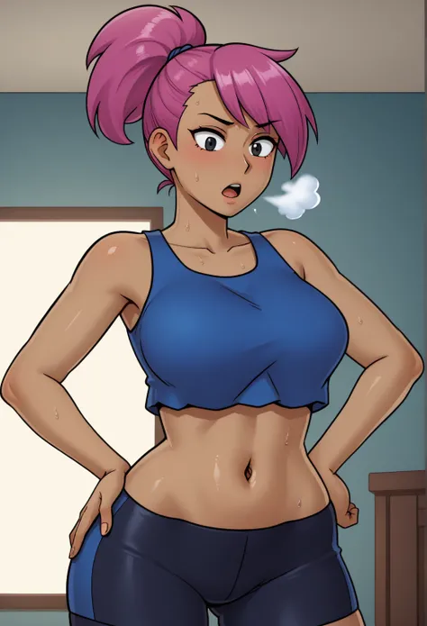 score_9, score_8_up, score_7_up, score_9,4k, HD, 8k, highres, antialiasing, detailed, texture, cinematic lighting,  enidSDXL, 1girl, solo, ponytail, short hair, large breasts,  blue tanktop, navel, cowboy shot,  pink hair, purple hair, dark skin, shorts, m...