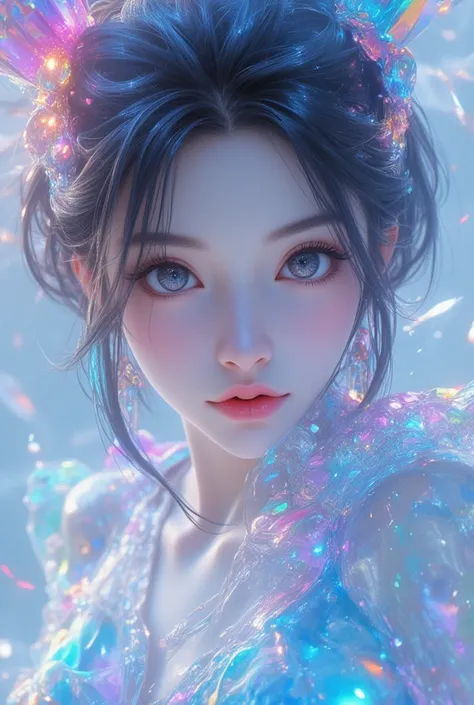 Wonderful fantasy world art, photorealistic 3D rendering of a stunning liquid-like girl. Her whole body is composed of glittering translucent liquids with vibrant, harmonious color gradients, suggesting movement and energy,the design of the figure emphasiz...