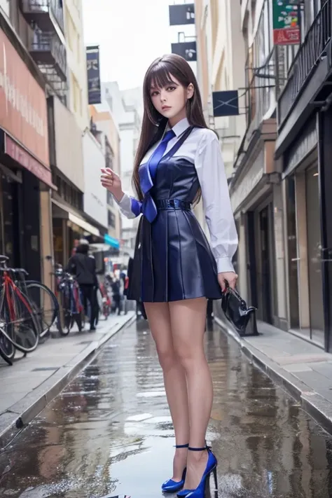   anime girl standing on a city street with long hair and blue eyes, ArtStation Pixivでトレンド入り,  purple eyes,  blue tie,  beautiful ( detail eyes,  detailed face ,)  ahehe, Euradev,  classy temperament ,  high heels by Miguel, Not waterproof 