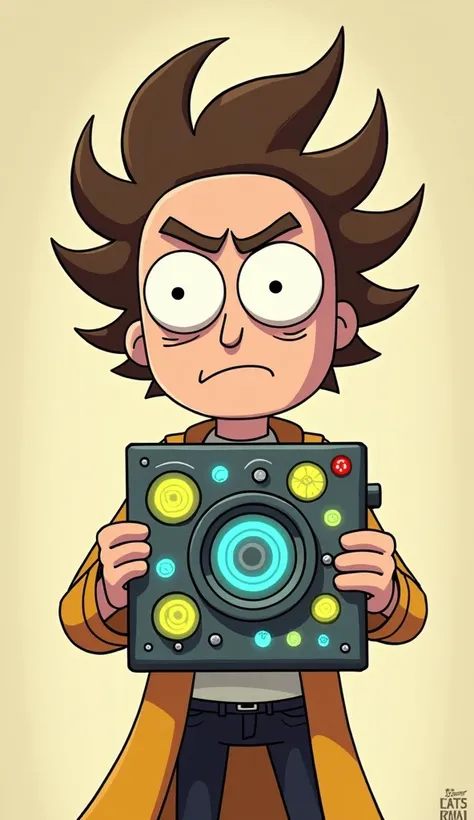 MORTY cartoon style.  push button. Morty has an invention in his hands. The invention has lights and a .