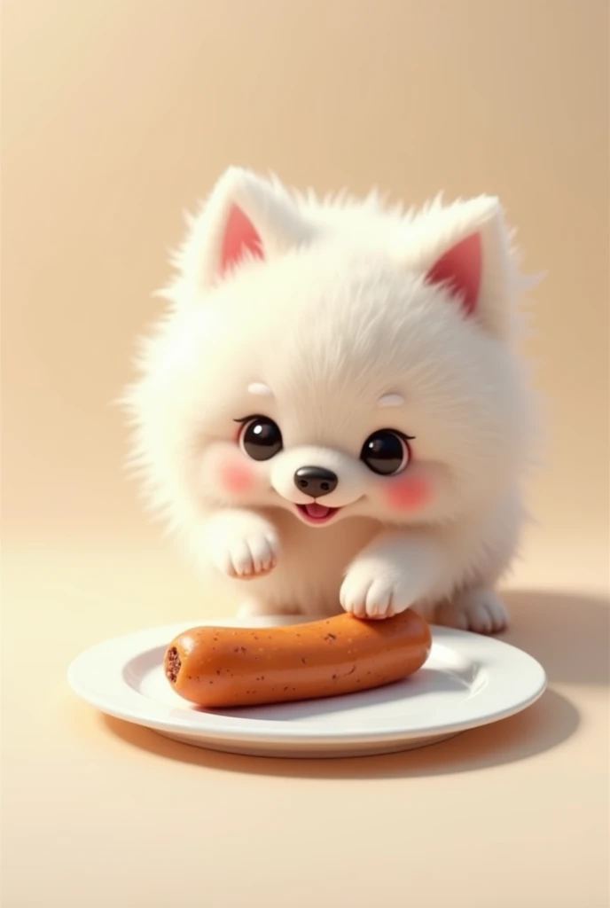 Cute dog placing fried sausage on a white plate