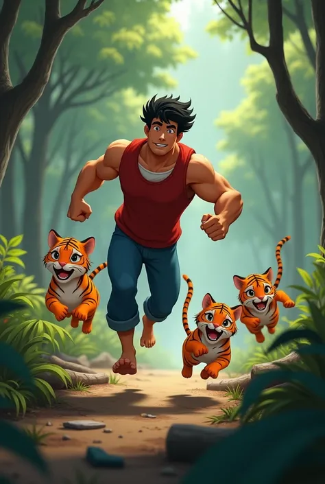 The Tall, strong, black-haired man wearing blue pantsorange cat and the Wearing a red vest and blue pants orange kitten try to flee, running through the dense forest, with the tigers chasing close behind. The animation shows their frantic movements, jumpin...