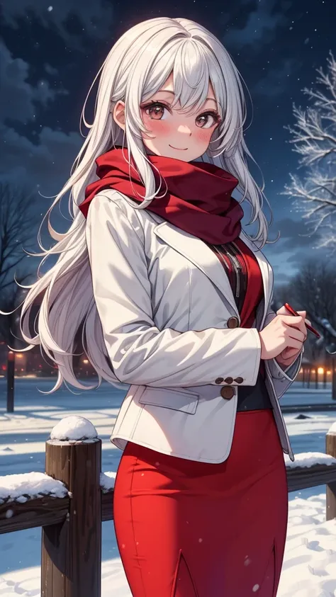 ((masterpiece, best quality:1.3, high detail)), beautiful woman, smile, looking at viewer, long hair, (white hair), solo focus, one person only, full-face blush, (dark brown jacket, white blouse, red scarf, (long red pencil ((skirt))), boots, outdoors, (ni...