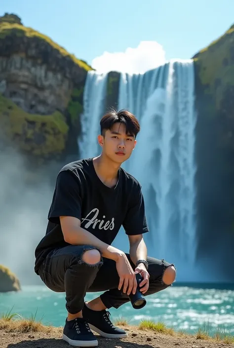  a handsome young man of Korean race smile thin undercut hair , wear a black t-shirt with the words Aries on the shirt , black jeans with torn pattern  , sneakers ,  crouching near a beautiful waterfall bright blue sky  ,  in hand there is a shoot camera  ...