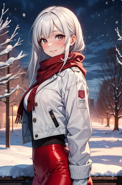 ((masterpiece, best quality:1.3, high detail)), beautiful woman, smile, looking at viewer, long hair, (white hair), solo focus, one person only, full-face blush, (dark brown jacket, white blouse, red scarf, (long red pencil ((skirt))), boots, outdoors, (ni...