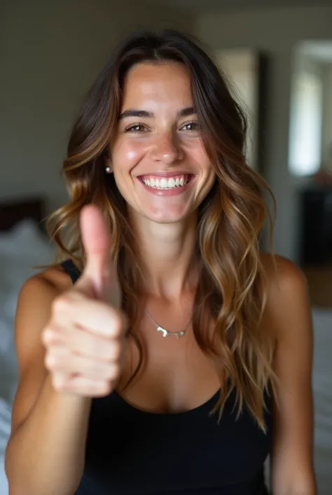 
arafed woman with long hair and a black tank top smiling, without makeup, 30-year-old french woman, 3 0 years old woman, 30 years old woman, headshot profile picture, cait miers, taken in the early 2020s, no makeup wavy hair, selfie of a young woman, smil...