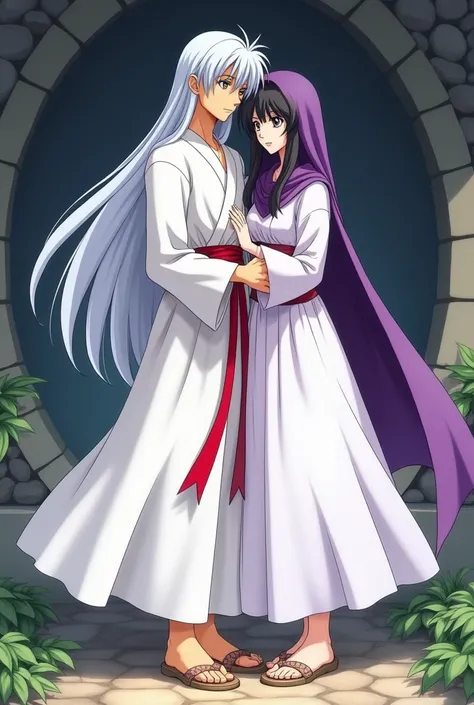 Sesshomaru and rin ; smiling. me too; with hair and my black eyes ,cabello largo y liso,PIEL BLANCA, my dress is a white dress long sleeve , my dress reaches lower than my knees ; on my head I have a long purple veil that covers my hair a little and that r...