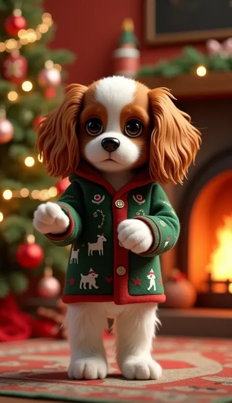 Mini Cavalier King male 3d full body furry dressed in a Christmas-themed printed jacket standing on the side of the Christmas tree looking forward with arms and legs free to dance in a brightly colored living room with burning fireplace and carpet and Chri...