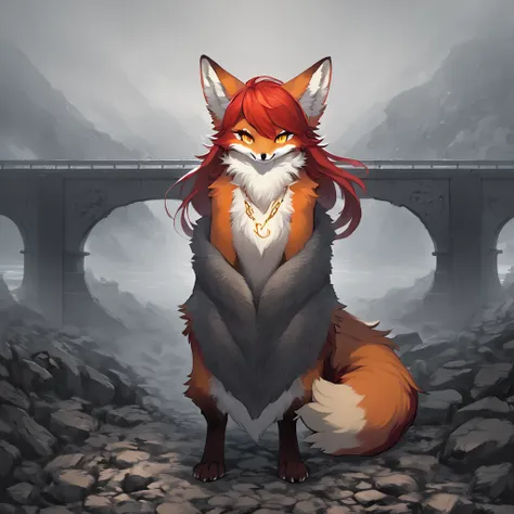 red fox, female, vixen, beautiful, red hair, yellow eyes, full body, moody, elegant, mysterious, highres, unparalleled masterpiece, perfect artwork, absurdres, masterpiece, (kemono, furry anthro), standing, (long fluffy fox tail), kitsune, sexy body, volup...