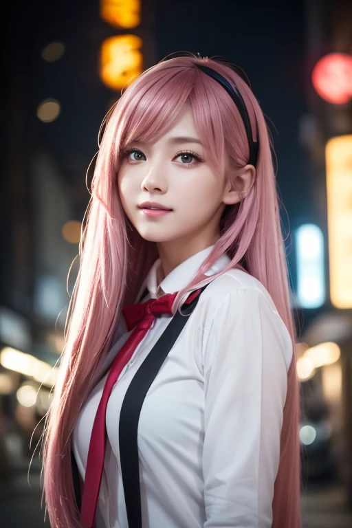  One girl ,  long pink hair, Red Corner,  White Collared Shirt , Black tie,  Lightsmile ,  yellow eyes, Corneo_power,, building,shop,Town Street, Dark Skies, scenery, neon sign ,Night City, Japanese lyrics,, ,  absurd,  detail eyes,  extremely detailed,   ...