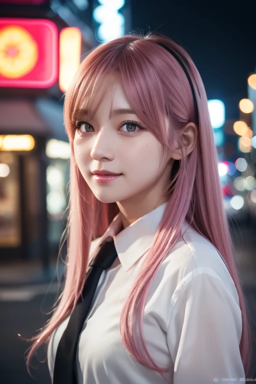  One girl ,  long pink hair, Red Corner,  White Collared Shirt , Black tie,  Lightsmile ,  yellow eyes, Corneo_power,, building,shop,Town Street, Dark Skies, scenery, neon sign ,Night City, Japanese lyrics,, ,  absurd,  detail eyes,  extremely detailed,   ...