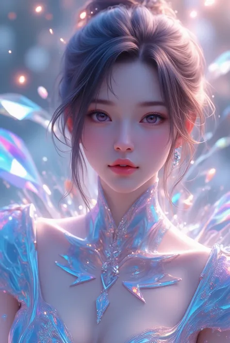 Wonderful fantasy world art, photorealistic 3D rendering of a stunning liquid-like girl. 20yo, Her whole body is composed of glittering translucent liquids with vibrant, harmonious color gradients, suggesting movement and energy,the design of the figure em...