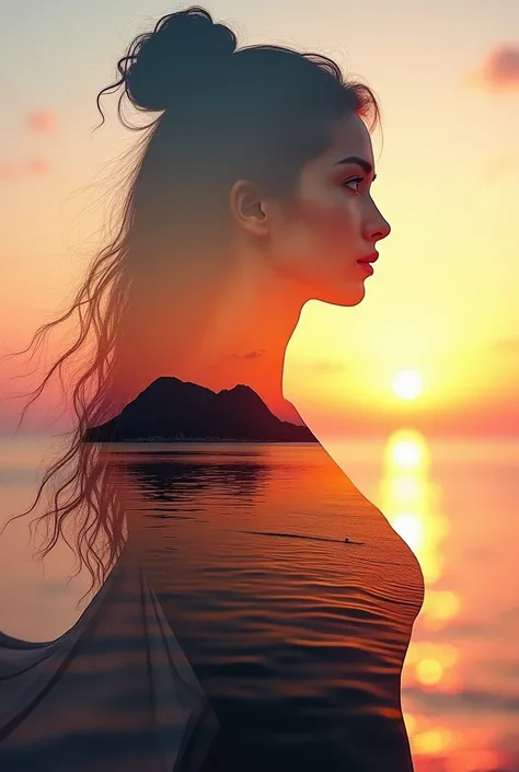  measurements,  8k Ultra HD, Beautiful double exposure combining the silhouette of a goddess with the sunset shore. With the sunset shore as the background with details incorporated into the goddess. Sharp lines. Monochromatic background. Sharp focus. Doub...