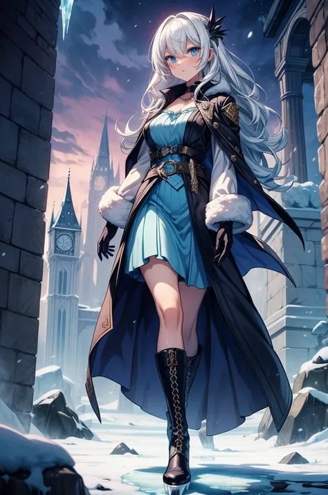 ((masterpiece, best quality:1.3, high detail)), beautiful serious woman looking at viewer, long wavy hair, (white hair), hairpin, bright blue eyes, dark blue, (white blouse long sleeves), coat, (((long blue skirt))), maxi skirt, belt, gloves, boots, collar...