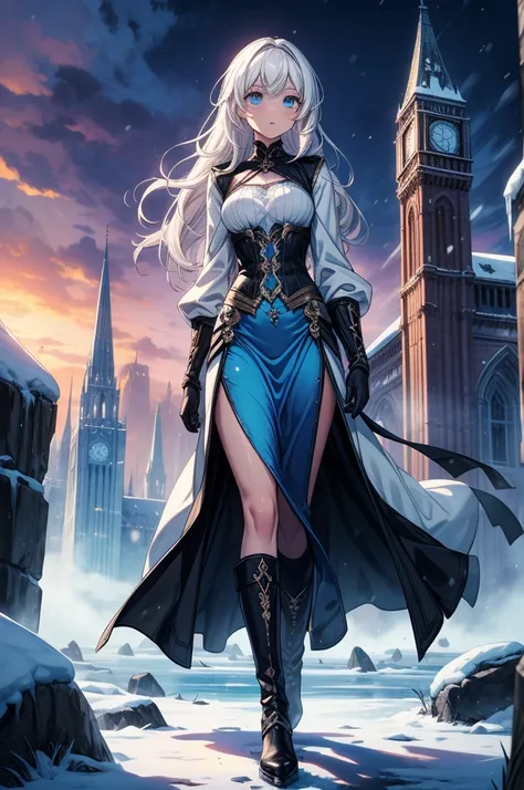 ((masterpiece, best quality:1.3, high detail)), beautiful serious woman looking at viewer, long wavy hair, (white hair), hairpin, bright blue eyes, dark blue, (white blouse long sleeves), coat, (((long blue skirt))), maxi skirt, belt, gloves, boots, collar...