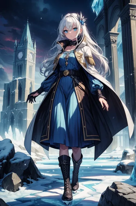 ((masterpiece, best quality:1.3, high detail)), beautiful serious woman looking at viewer, long wavy hair, (white hair), hairpin, bright blue eyes, dark blue, (white blouse long sleeves), coat, (((long blue skirt))), maxi skirt, belt, gloves, boots, collar...