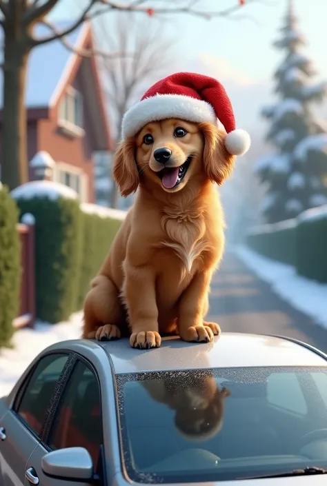  A dog wearing a Christmas hat on the roof of a car. As realistic as possible 