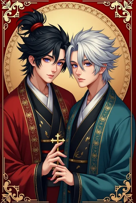 Help me make a book cover for a novel with an imperial theme accompanied by ornaments on each side. Where there are two young men, one with black hair and the other with silver hair. The black-haired one is slightly taller than the white-haired one and loo...