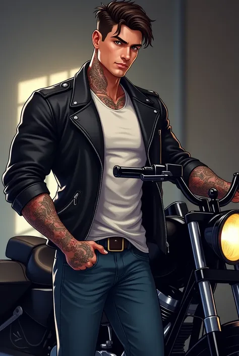 Create a beautiful book cover .
 Make a handsome man with dark hair and brown eyes with multiple tattoos on his neck and hands and muscular, high.  Wearing jeans and a black leather jacket , a white t-shirt underneath.  He is in front of a beautiful black ...