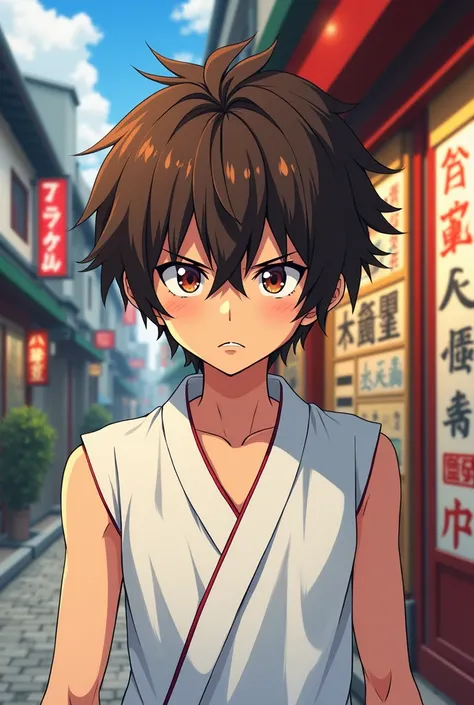 A stylish, irate brown-haired gamer boy in a sleeveless white Japanese blouse with a Japanese store behind him, all in anime style