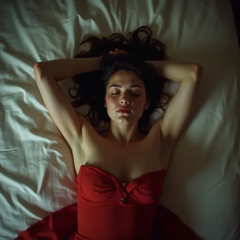 lw97, picture from above, lying limp on a bed on back, red strapless dress , drunk face, arms up