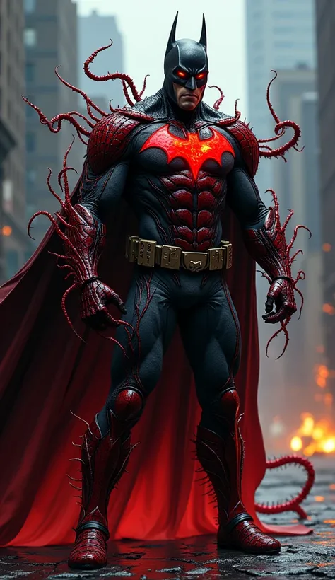 a fusion of Batman and Carnage, blending the dark, intimidating presence of Batman with the chaotic, fiery symbiote of Carnage. The fusion has Batman’s iconic suit, but its completely overtaken by Carnages red-and-black symbiote, which pulsates with energy...