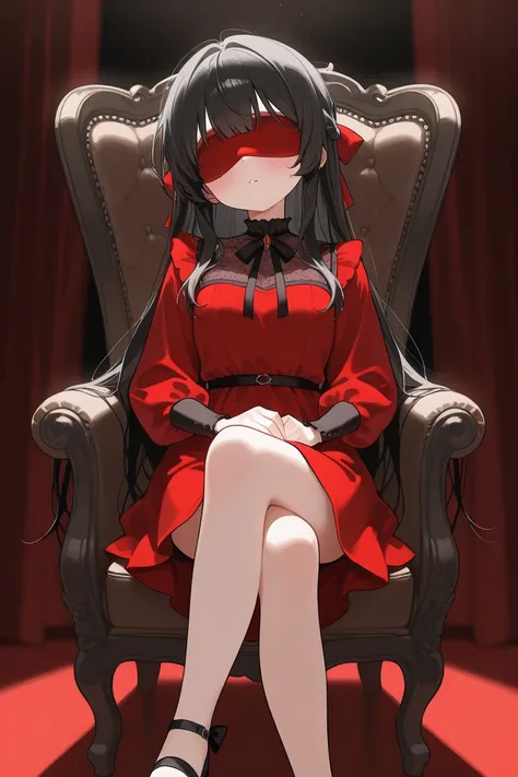  long black hair, red dress , tied,  blindfold on the chair