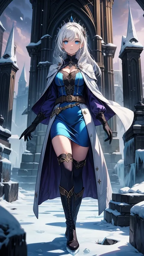 ((masterpiece, best quality:1.3, high detail)), beautiful woman looking at viewer, long straight hair, (white hair), hairpin, bright blue eyes, dark blue, (white blouse long sleeves), coat, (long blue skirt), (belt, gloves, boots), collarbone, ((atmospheri...