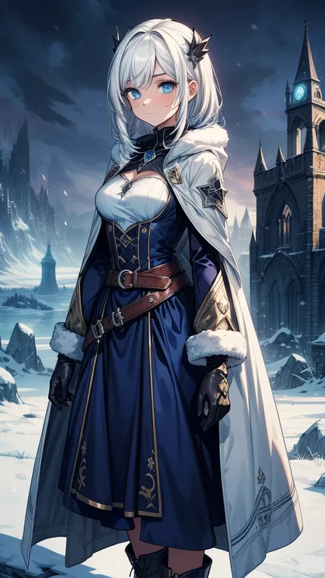 ((masterpiece, best quality:1.3, high detail)), beautiful woman looking at viewer, long straight hair, (white hair), hairpin, bright blue eyes, dark blue, (white blouse long sleeves), coat, ((((long blue skirt)))), (belt, gloves, boots), collarbone, ((atmo...