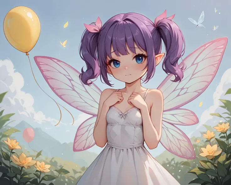score_9_up, score_8_up, score_7_up, 1girl, solo, source_anime, fairy, FairyForm, Fairy Wings, Wings BREAK
Short twintails, fairy wings, bangs, small breasts, purple hair, blue eyes BREAK
White dress BREAK
Closed mouth, shy face, looking at viewer, st...
