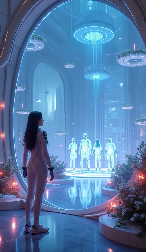  a futuristic girl Watching holographic carolers singing in zero gravity. on futuristic biodome city of uranusa futuristic girl floating gracefully in zero gravity inside a massive glass biodome on Uranus. She is wearing a sleek, form-fitting space suit wi...