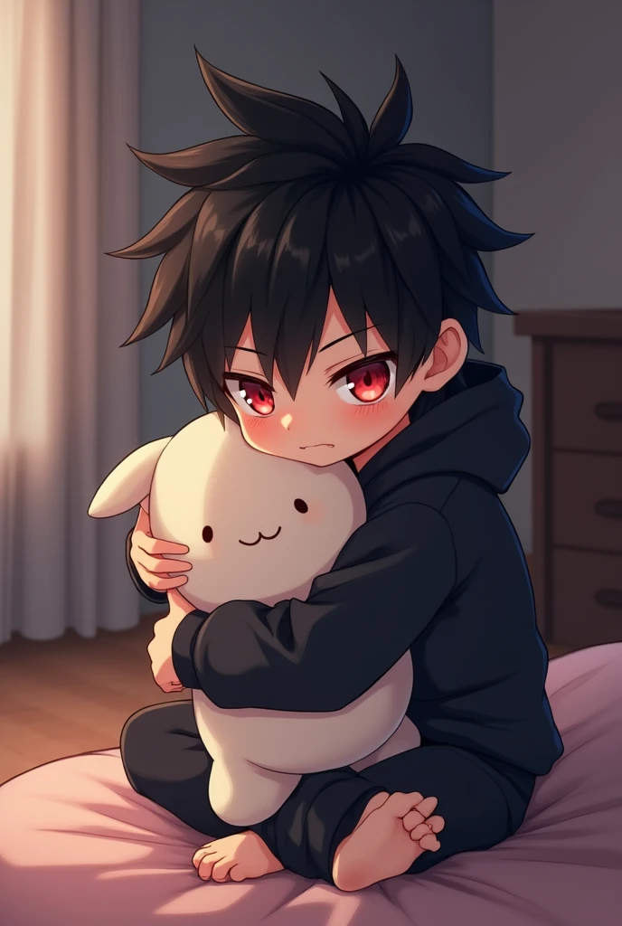 Anime boy , Spiky hair , black hair , black hoodie , red eyes , narrowed eye , handsome , hugging a pillow , blushing so hard , lost in thoughts , sitting , feelimg shy and embarrassed  , blushed , chibi 