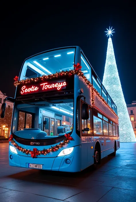 " A modern double-decker bus with the name Tourreya with an elegant blue design, decorated with Christmas lights ,  garlands design and a large red ribbon on the front , parked in a square with a large illuminated Christmas tree  