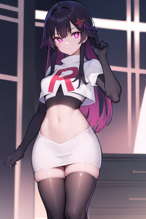 honkaisparkle, black hair, colored inner hair, glasses, hair intakes, hair ornament, hairclip, long hair, multicolored hair, (pink eyes:1.3), purple hair, straight hair, 
BREAK team rocket,team rocket uniform,white skirt,red letter R,crop top,black thigh-h...