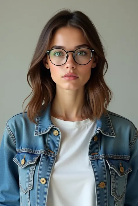 A woman with straight brown hair ,  green eyes,  round glasses,  denim jacket and white t-shirt underneath