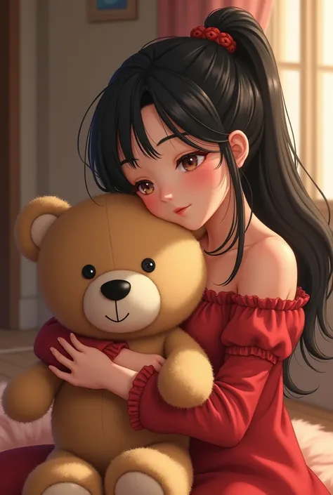  Black hair tie , red dress ,  cuddling cute teddy bear 