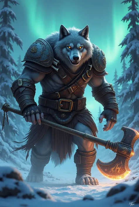 "A fierce gray wolf clad in rugged leather armor adorned with bone accents, carrying a massive two-handed battle axe glowing faintly with Nordic runes. His fur is streaked with war paint, and his eyes burn with a fiery intensity. The setting is a frozen tu...