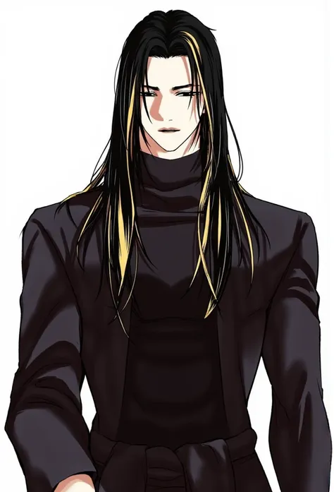 A panel from Lookism Manhwa: Tall male athletic figure with long straight black hair, sharp angular facial features, Elegant tall male figure, flowing golden wavy hair past shoulders, black turtleneck, slim fit dark clothing, bishonen style, confident rela...