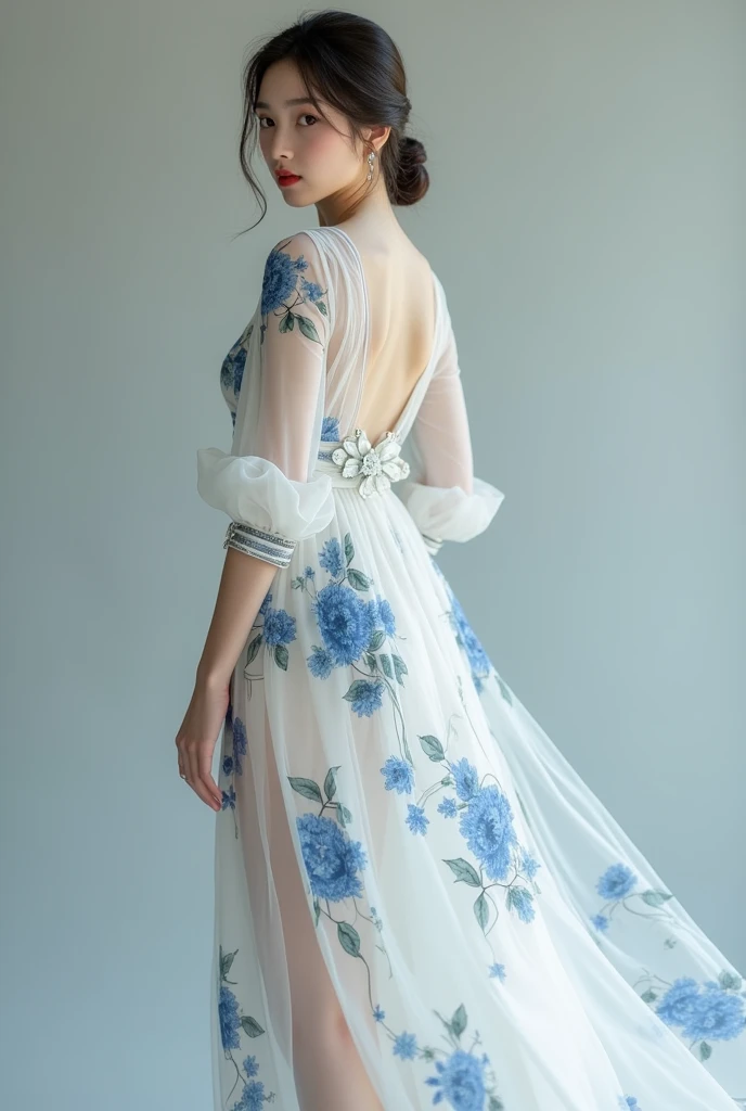 Super slim + fine skin + Japanese beauty + 1 girl, solo,solo, slender physique, fair skin, elegant posture, dark brown hair in a neat bun, red lipstick, subtle makeup, wearing a long flowing dress, white dress with vibrant blue floral patterns, high neckli...