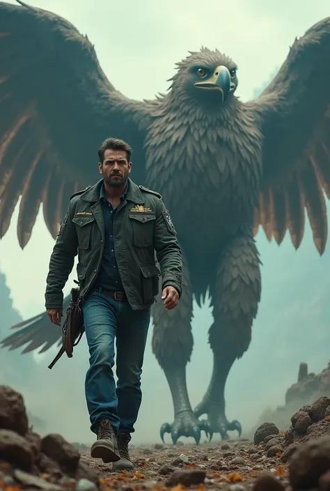 A man wearing a jacket soldiers and jeans walks with a giant garuda with humanoid body