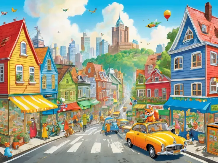 City View, daytime,by Richard Scarry, enhance, intricate, (best quality, masterpiece, Representative work, official art, Professional, unity 8k wallpaper:1.3), Anthropomorphic cat.