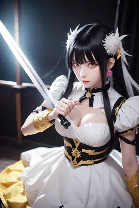 Black-haired anime girl with white hair and wearing white clothes,  yellow eyes, With sword, Shocking Genshin style