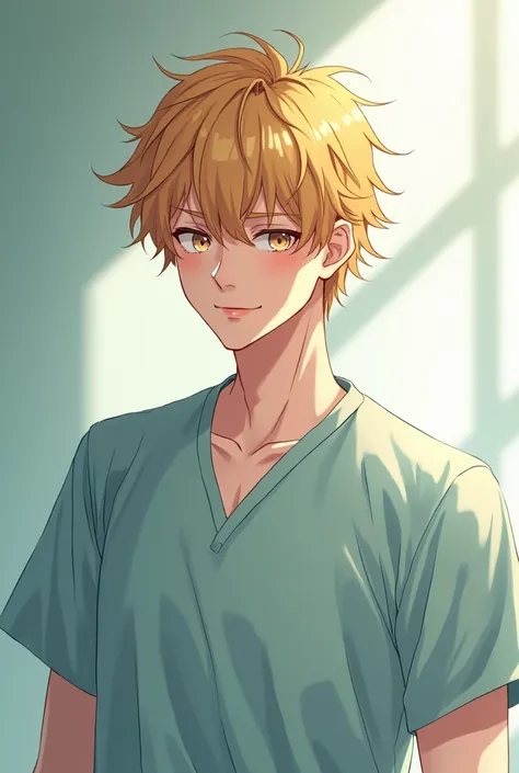 A man in his 20s,he has strawberry blonde hair that is a bit shaggy and unkempt  his skin is pale and he looks sickly,his eyes hazy and dizzy looking but hes still handsome he is wearing hospital gown in a anime style