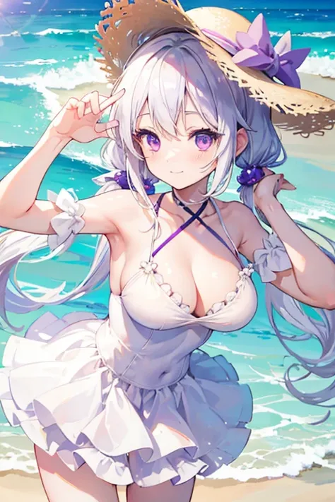 best quality, masterpiece, , ,short, huge breasts, white hair,low twintails, purple eyes, yukine chris, thin twintails,, beach, sea, white dress, white skirt, white one-piece, straw hat,  (((shy))), (happy), leaning forward, summer, from above, reaching ou...